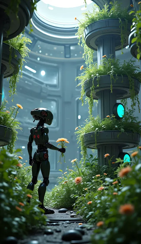 A robot gardener tending to bioluminescent alien plants in a hanging garden on a space station