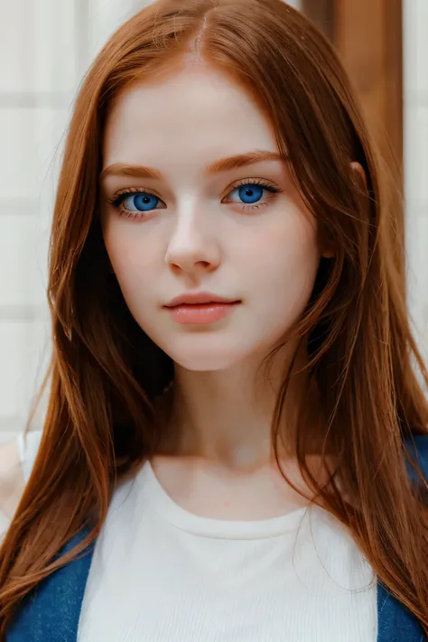 Young pale white woman square face ,  tongue , thin, small nose, small mouth,  delicate face,  long red hair looking at camera and blue eyes.  Focus on face positioned forward