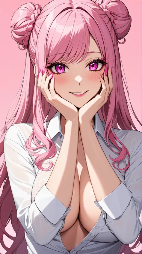 top quality　 Masterpiece 　 high definition 　 Masterpiece 　 pink long hair, curly hair,　　 pink Eyes 　, twin bun bun hair, big breast, seductive, flirty, blushing, plain backround, no backround, white backround, gyaru, make up, scary girl, yandere, dark face...