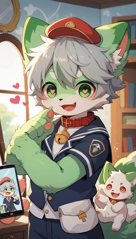  very detailedな, very detailed, green fur gray hair,,male,骨を見てExcited, heart eyes,participate, red collar, green white and colored hat, cute face, fluffy fur like one,Excited,Horny boy,Beautiful room,mirror,Smartphone, 's room ,Smiling face,Dropped ears, l...