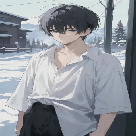  An anime boy wearing a white shirt standing in front of a building,  Animation Handsome man ,  tall anime character with blue eyes, Cool anime poses,  man with all clothes anime style , Male anime character , young anime guy,  cute and handsome devil hunt...