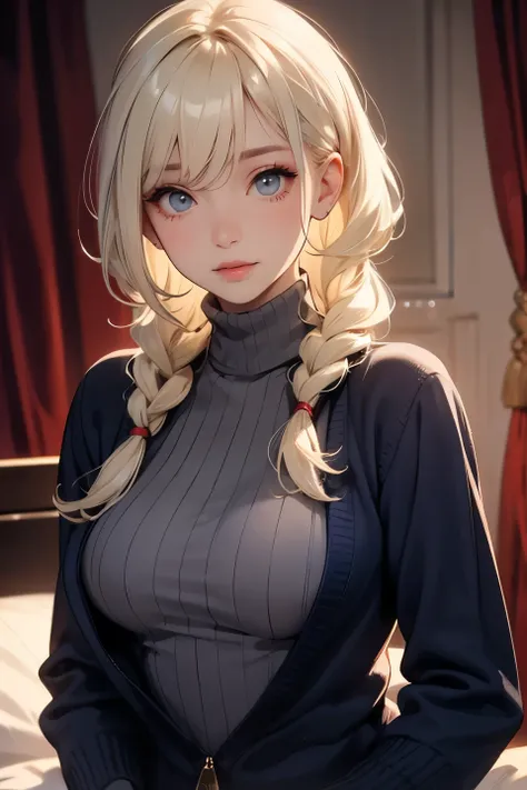 top quality,  hd ,4k  , high contrast , semi-realistic, 1lady, solo,  casual, long hair,long light platinum blonde hair, bangs,  blue coat, gray turtleneck sweater,wearing a navy sweater、Breasts enlarged、A slight smil、Sexy Posing、I'm sweating、Redness of ch...