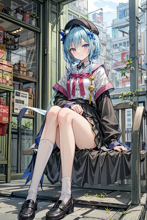  Masterpiece,   top quality ,   in the seat,  Ahari   , multiple tails,  Korean Uniform,   skirt,  Group ,    seductive smile, Hair， shortcuts， Unkempt Hair，Short braided hair，Neat， slender beautiful woman，Correct posture，Small chest， BEAUTIFUL LEGS， has e...