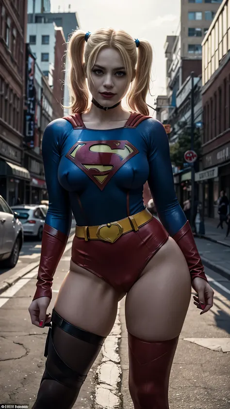 Harley Quinn wearing a skimpy Supergirl outfit, skintight outfit, beautiful girl, thick thighs, busty, cleavage, nipples, hairy trimmed pussy hair, thick pubic hair, dark inspired makeup, city background, daylight, fighting stance, good photo lighting on b...