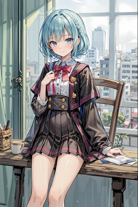  Masterpiece,   top quality ,   in the seat,  Ahari   , multiple tails,  Korean Uniform,   skirt,  Group ,    seductive smile, Hair， shortcuts， Unkempt Hair，Short braided hair，Neat， slender beautiful woman，Correct posture，Small chest， BEAUTIFUL LEGS， has e...