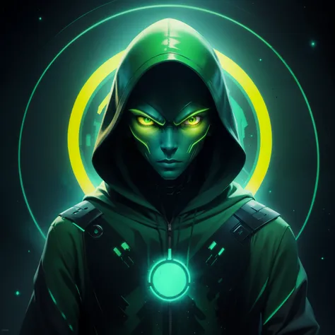 humanoid green skin colour male alien, wearing a black hoodie, yellow eyes, space background, well detailed, 1080, realistic colours