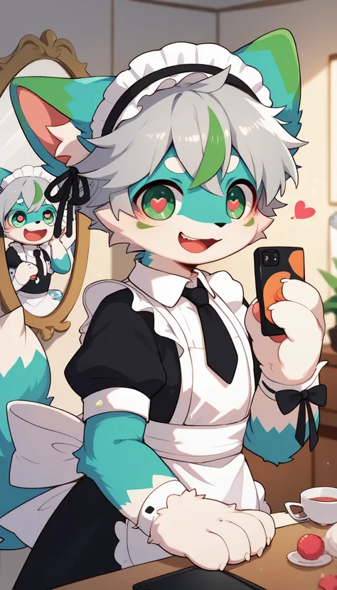  very detailedな, very detailed, blue fur gray hair,,male,骨を見てExcited, heart eyes,participate, tie a collar and string ,, green white and colored hat, cute face, fluffy fur like one,Excited,Horny boy,Beautiful room,mirror,Smartphone, 's room ,Smiling face,D...