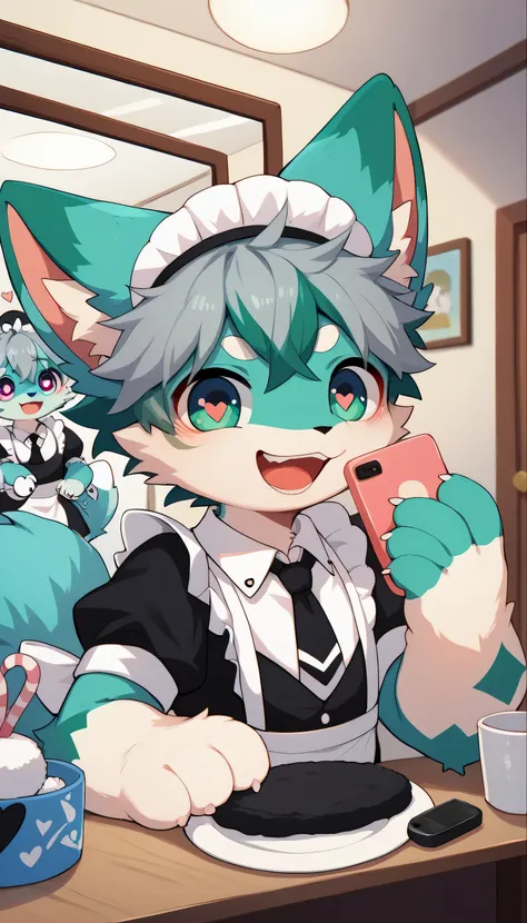  very detailedな, very detailed, blue fur gray hair,,male,骨を見てExcited, heart eyes,participate, tie a collar and string ,, green white and colored hat, cute face, fluffy fur like one,Excited,Horny boy,Beautiful room,mirror,Smartphone, 's room ,Smiling face,D...