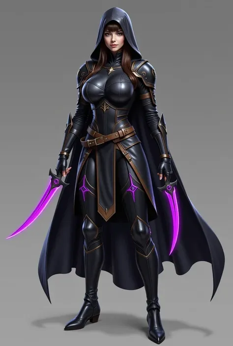 1girl, solo, elf, long hair, purple eyes, serious, large breasts, slim waist, (((black assassin's facemask))), fingerless gloves, (((black hooded cape, cloak)))), assassin, ((((full black fantasy assassin's body armour))), (((hooded))), (full body), black ...