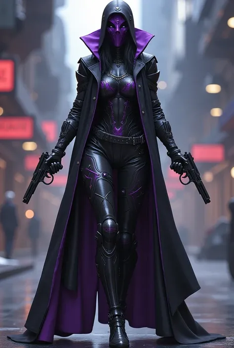 1woman, plague doctor mask, Overwatch style, Talon, antagonist, dual revolvers, futuristic, prosthetic left leg, high quality, black and purple, SFW, armor, face hidden, no skin shown