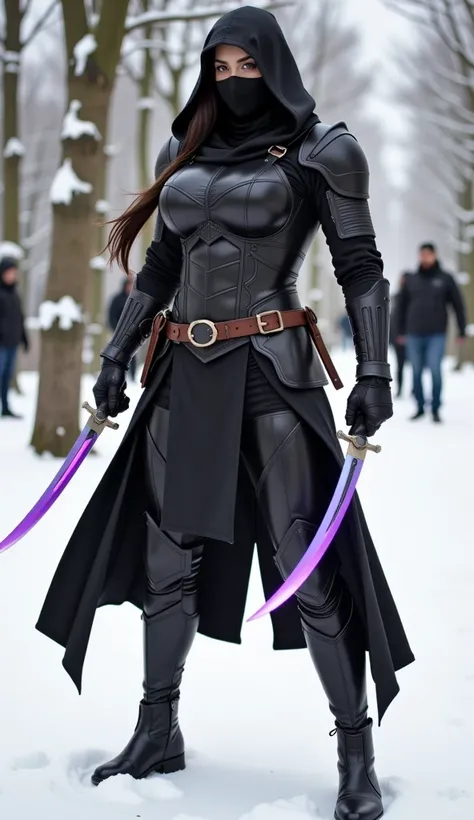 1girl, solo, elf, long hair, purple eyes, serious, large breasts, slim waist, (((black assassin's facemask))), fingerless gloves, (((black hooded cape, cloak)))), assassin, ((((full black fantasy assassin's body armour))), (((hooded))), (full body), black ...