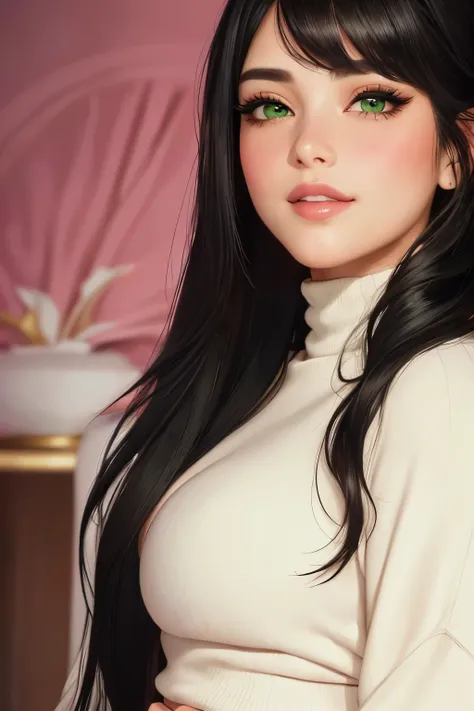 (best quality, highres:1.2), ultra-detailed, realistic:1.37, portraits, seductive gaze,detailed beautiful eyes,detailed long eyelashes,detailed lips,parted lips,intense blush,soft smile,soft smile and gaze,sexy woman, ponytail hairstyle, black hair,lusciou...