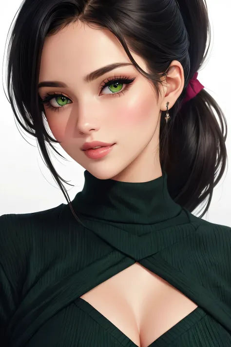 (best quality, highres:1.2), ultra-detailed, realistic:1.37, portraits, seductive gaze,detailed beautiful eyes,detailed long eyelashes,detailed lips,parted lips,intense blush,soft smile,soft smile and gaze,sexy woman, ponytail hairstyle, black hair,lusciou...