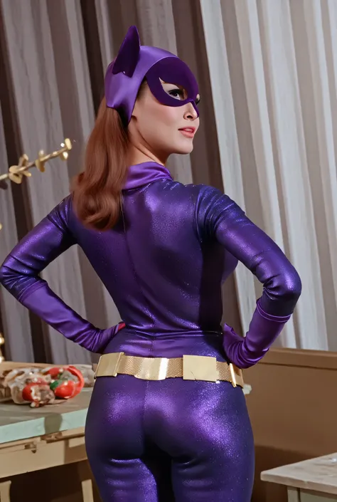 sexy Hungarian model, Masterpiece, Award Winning, High Quality, artgerm, solo, bubble butt, wearing retro Batgirl purple costume , , big breast, retro red hair, looking at viewer, makeup, no cape, b4tg1rl woman, posing sexy, back angle, showing her ass, fo...
