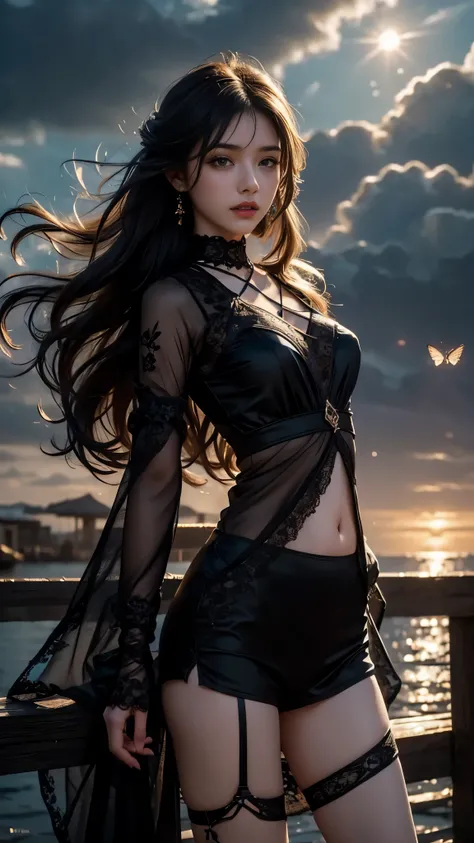 8K, ultra hd, masterpiece, hd colors, 1 girl, perfect face, very long curly hair, detailed eyes, detailed clothing, ((black clothing)), stocking, ((criss-cross lace)), sardine, straps, net clothing, ((long loops)), ((navel)), ((jwellery:1.5)), waterside, i...