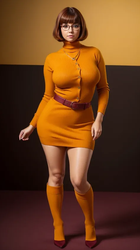 ((masterpiece, best quality, ultra-detailed, ultra-HD, photorealistic, cinematic)), (wide camera shot, full body view:1.5), (sensual pose, standing), (alluring and voluptuous female as Velma Dinkley:1.2), tight and thin yellow pants, perfect anatomy, perfe...