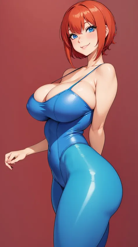 Anime girl, blue eyes, red short hair, muy voluptuosa, , big breast, shy smile, wallpaper, Long legging jumpsuit, house