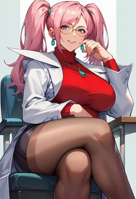 score_9, score_8_up, score_7_up, score_6_up, source_anime, BREAK 1girl, solo,seductive smile, blue eyes, pink hair, double ponytails hairstyle, glasses, earrings, necklace, labcoat, red sweater, turtleneck, black miniskirt, pantyhose, big breasts, school,i...