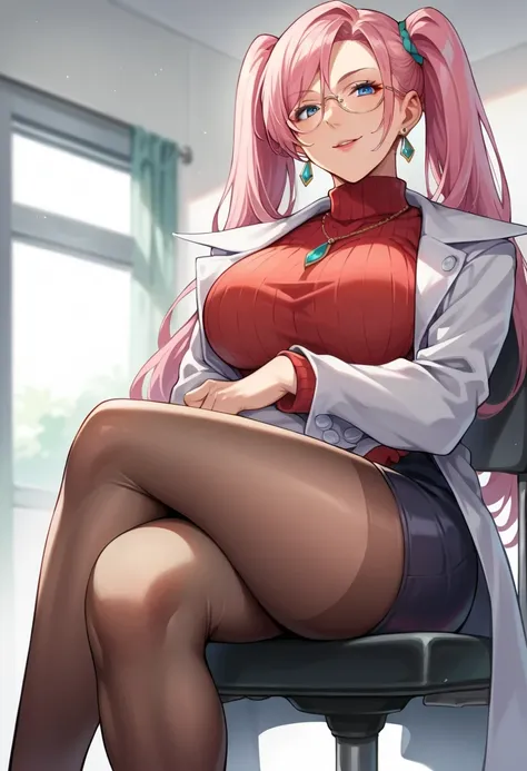 score_9, score_8_up, score_7_up, score_6_up, source_anime, BREAK 1girl, solo,seductive smile, blue eyes, pink hair, double ponytails hairstyle, glasses, earrings, necklace, labcoat, red sweater, turtleneck, black miniskirt, pantyhose, big breasts, school,i...