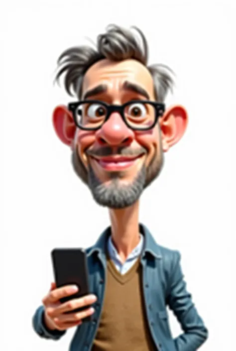  Create a caricature on a white background of a forty-year-old man,  wearing rounded glasses and bright eyes , with little hair, very small beard short gray , thin beard,  slightly bald and with very short gray hair ,  holding a cell phone