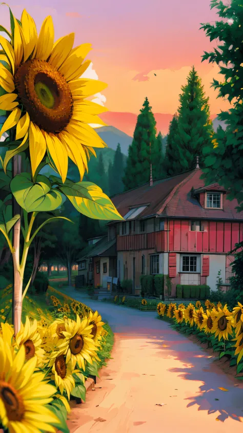 Create a vibrant scene of a fresh sunflower farm during sunset. The golden sunflowers stretch endlessly, their petals glowing in the warm, soft light of the setting sun. In the background, a few charming small village houses with red-tiled roofs are nestle...