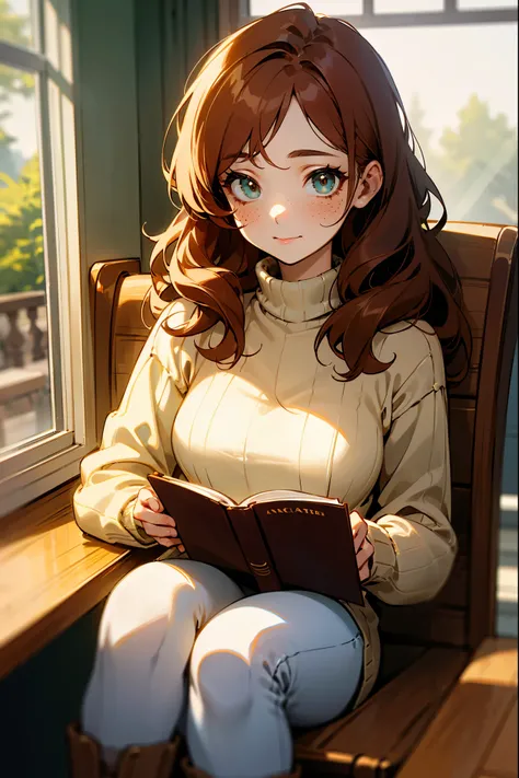 A young woman in her late 20s with pale skin, long wavy auburn hair, and freckles scattered across her cheeks. She’s wearing a cozy oversized knit sweater in cream, dark jeans, and ankle boots. She’s sitting cross-legged on a window seat in a cozy café, si...