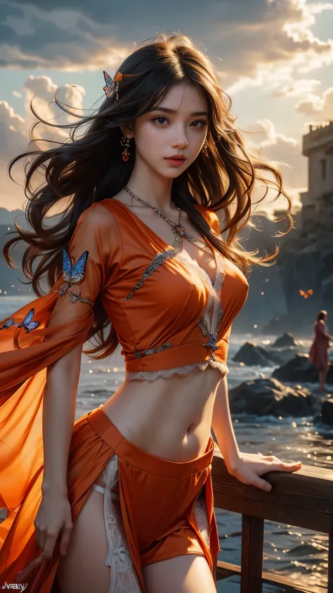 8K, ultra hd, masterpiece, hd colors, 1 girl, perfect face, very long curly hair, detailed eyes, detailed clothing, ((orange clothing)), stocking, ((criss-cross lace)), sardine, straps, net clothing, ((long loops)), ((navel)), ((jwellery:1.5)), waterside, ...