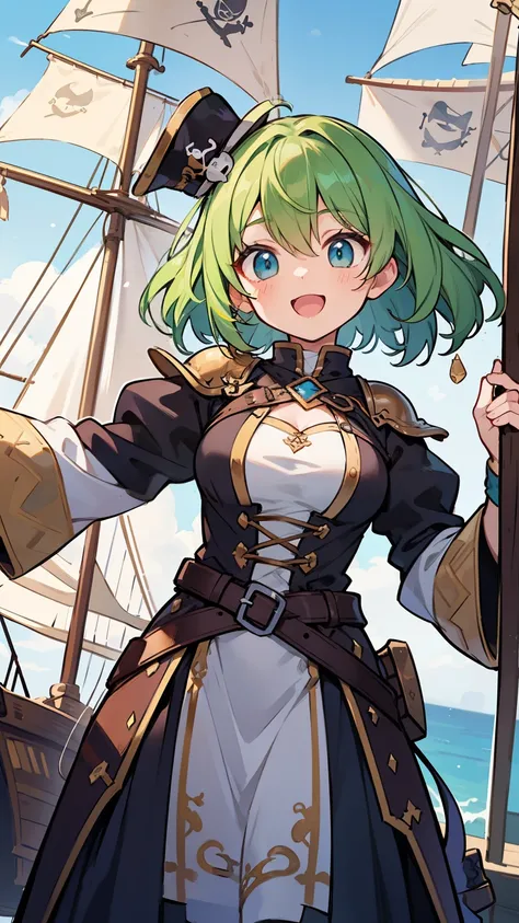 ((A Pretty  Pirate of a medieval ship,with green hair and blue eyes)), wearing White one-piece dress, Loli face, ((master piece, top-quality, ultra-definition, high resolution)),On a medieval ship, anime girl, ((ultra-detailed illust:1.2)), only one person...