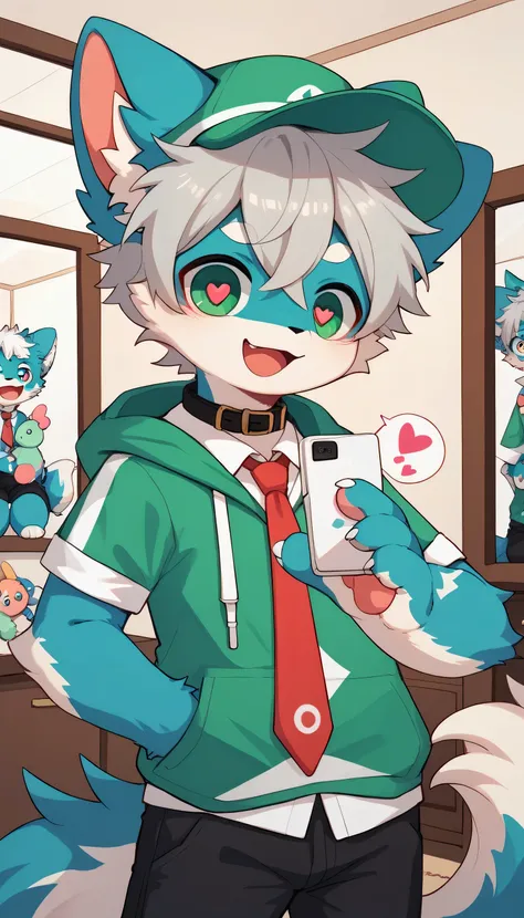  very detailedな, very detailed, blue fur gray hair,,male,骨を見てExcited, heart eyes,participate, tie a collar and string ,, green white and colored hat, cute face, fluffy fur like one,Excited,Horny boy,Beautiful room,mirror,Smartphone, 's room ,Smiling face,D...