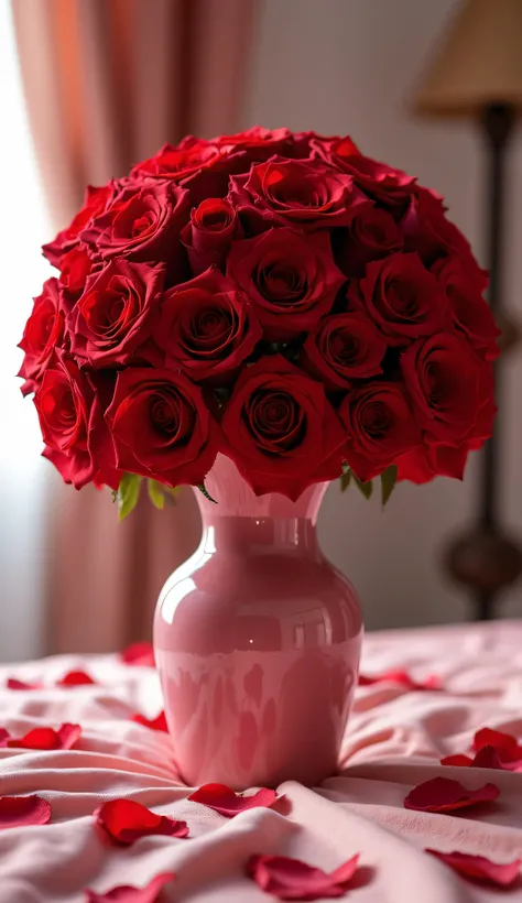 there is a large vase of red roses on a bed, digital visualization by Alexander Fedosav, pexels, Romanticism, red roses, roses, roses,  huge pink flower , exploding roses,  A masterpiece of art, огромное лицо цветка roses,  central symmetry , crown of rose...