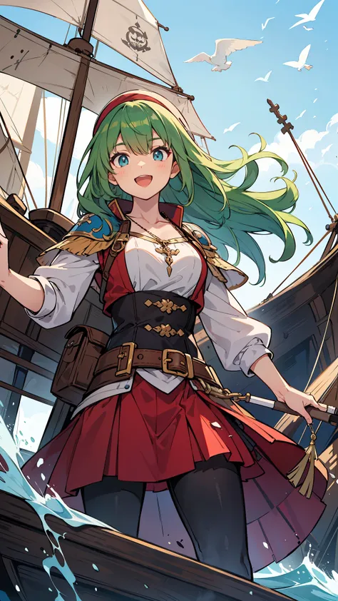 Adult man,((A Pretty man Pirate of a medieval ship,with green hair and blue eyes)), wearing White one-piece dress, ((master piece, top-quality, ultra-definition, high resolution))man,On a medieval ship, anime man, ((ultra-detailed illust:1.2)), only one pe...