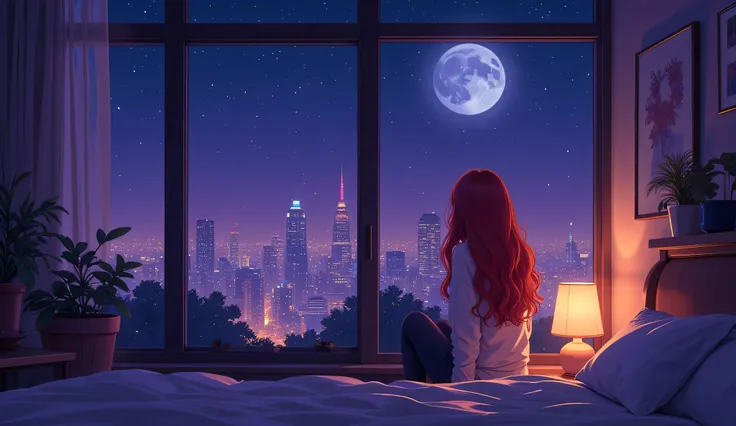 A cozy night scene, a girl with long red hair sits at a large window in a modern apartment looking at the city lights. Soft moonlight illuminates her silhouette, lo-fi aesthetic, warm diffused light from a table lamp, city skyline with twinkling lights in ...