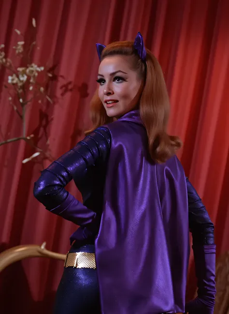  sexy Hungarian model, Masterpiece, Award Winning, High Quality, artgerm, solo, bubble butt, wearing retro Batgirl purple costume , , big breast, retro red hair, looking at viewer, makeup, no cape, b4tg1rl woman, posing sexy, back angle, showing her ass, f...