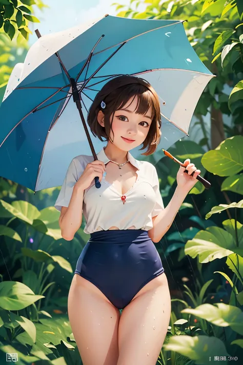 highest quality, masterpiece, Ultra-high resolution, 8k,
Rainy Sky,garden,(((Girl 1,Little frog 1))),Morning glories grow to waist height,(There is a small frog on a morning glory leaf),((A girl is standing under an umbrella,Staring at hersel)),Wicked Smil...