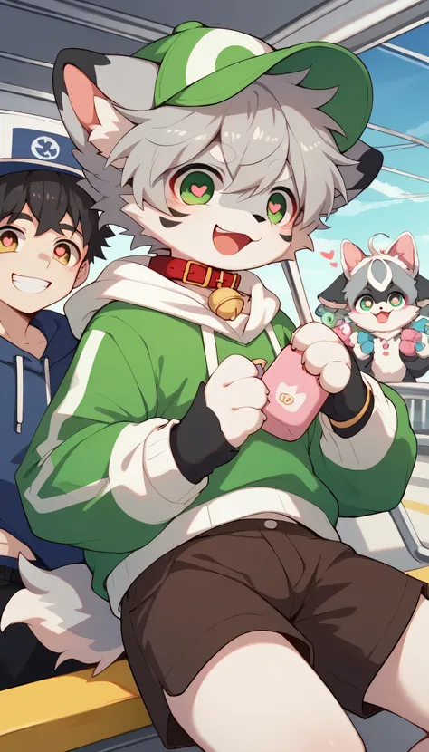  very detailedな, very detailed,gray hair with black and white fur,,male,骨を見てExcited, heart eyes,participate, red collar, green white and colored hat, cute face, fluffy fur like one,Excited,Horny boy,Train Ride , in the train,Smiling face,Dropped ears, let'...