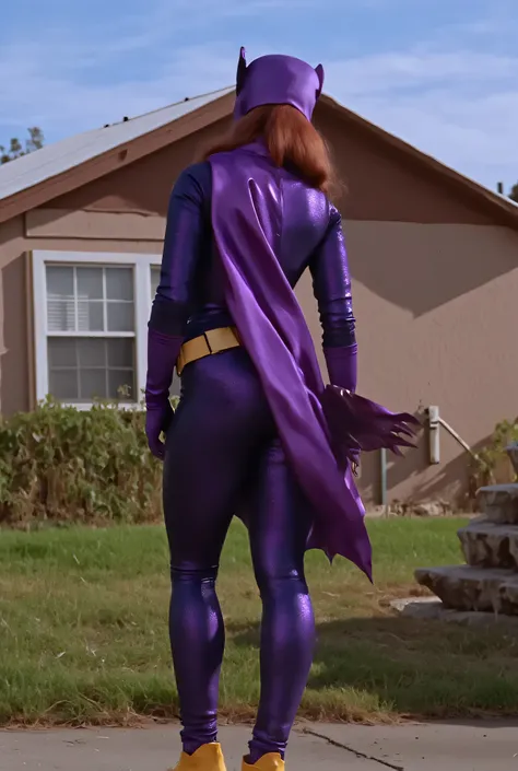 Realistic, 8k, ultra detailed, rear ass view of age girl with dark red brown hair wearing a tight-fitting skintight push up wedgie tight sexy light shiny purple batsuit, wearing a purple rubber batgirl mask, wearing yellow leather boots and yellow leather ...