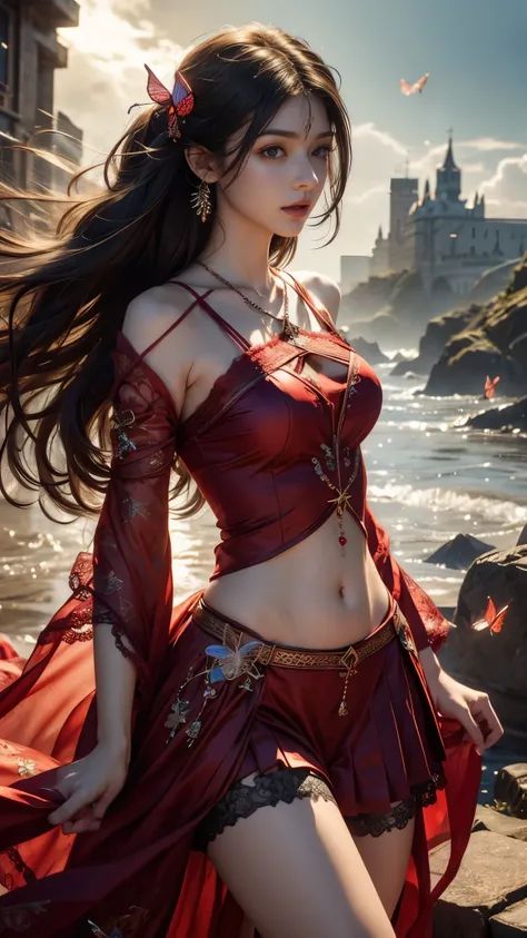 8K, ultra hd, masterpiece, hd colors, 1 girl, perfect face, very long curly hair, detailed eyes, detailed clothing, ((red clothing)), stocking, ((criss-cross lace)), sardine, straps, net clothing, ((long loops)), ((navel)), ((jwellery:1.5)), waterside, in ...