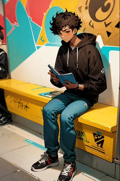 A young man with dark brown skin, short curly black hair, and warm brown eyes. He’s wearing a modern streetwear outfit—a cropped hoodie, baggy jeans, and chunky sneakers. He’s sitting on the steps of a subway station, sketching in a notebook, with vibrant ...