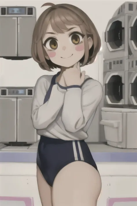 ((best quality)), ((highly detailed)), masterpiece, extremely detailed face, beautiful face, (detailed eyes, deep eyes), (1girl), full body, Ochako, blush stickers, short hair, brown hair, sidelocks, brown eyes, smile, U.A., in a stadium, (indoors, in a la...