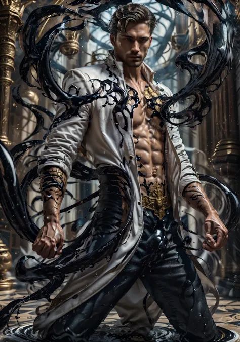 ((Masterpiece, High Quality)), Best Quality, highly detailed , ultrarealistic , cinematic ,realistic , photorealistic realistic eyes, intricate details, detailed background, depth of field, dynamic pose, dynamic angle ,male focus ,muscled man (1.0) ,handso...