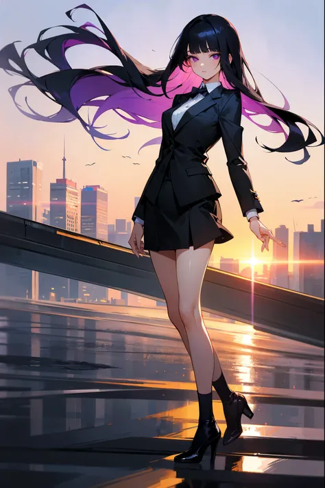 A stunning anime-style woman with fair skin, long straight black hair with blunt bangs, and striking violet eyes that seem to shimmer in the light. She’s wearing a modern yet elegant outfit—a fitted black blazer, a high-waisted skirt, and heels. She’s stan...