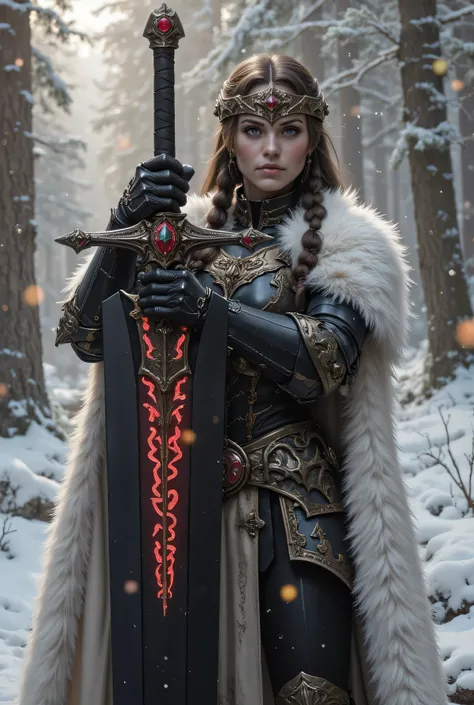 ((best quality, masterpiece, score_9, score_8_up, realistic photograph, life-like realism, fluxbodybuilder, Real-Faceji, droplets)), (((((this is a photo of a massive sword, made of black steel with red runes etched into the blade, the runes are glowing wi...