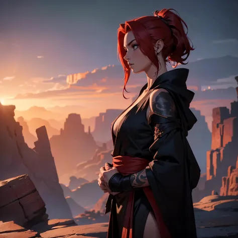 Masterpiece, Beautiful sixteen years old female, curvy red hair, fit, powerful, Sith, sexy padawan robe, ((naked shoulders)), magic tattoos:1.6, exotic look, mysterious, outside at dawn, in a rocky canyon planet, dynamic light, dark atmosphere, cinematic s...