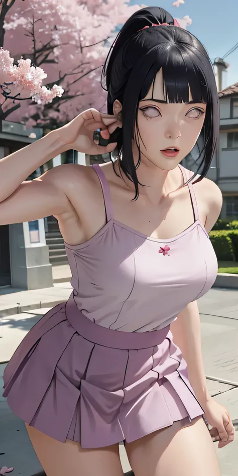 masterpiece, absurdres, hinata\(boruto\), 1girl, solo,mature female, spaghetti strap top, high waist mini skirt, looking at viewer, (falling petals), perfect composition, detailed lips, big breast, beautiful face, body propotion, blush, (pink lips), ponyta...