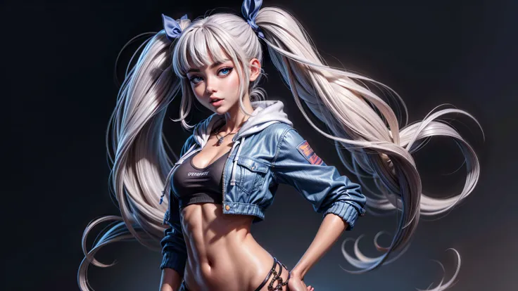 1girl, solo, long hair, open hoodie, white hoodie, midriff, looking at viewer, sexy, pants low on hips, ((unbuttoned pants)), cowboy shot, (full body portrait), black hair, hip-hop, lips, sexy mouth, ribbon, hair ribbon, bangs, upper body, part side up, bl...