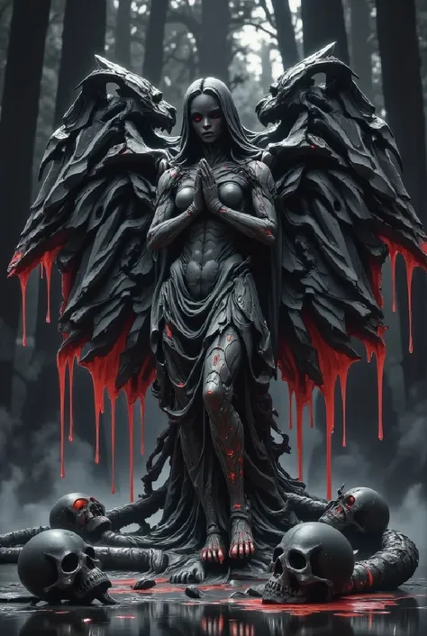  is a stone statue of the beautiful goddess ,  with clasped hands and large wings spread out,  with lots of red liquid , flowing out of her eyes ,  horror mood . deep dark forest praying without a single twinkle , black mist,  surrounded by torn skulls 