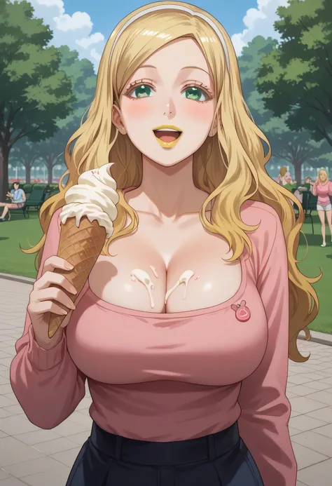 woman, big breasts, anime style, yellow lipstick, green eyes, blonde hair, white skin, pink sweater, cleavage, park, happy, long hair, Carol Olston, Tomo-chan, ice cream, holding ice cream, ice cream on breasts, ice cream stains