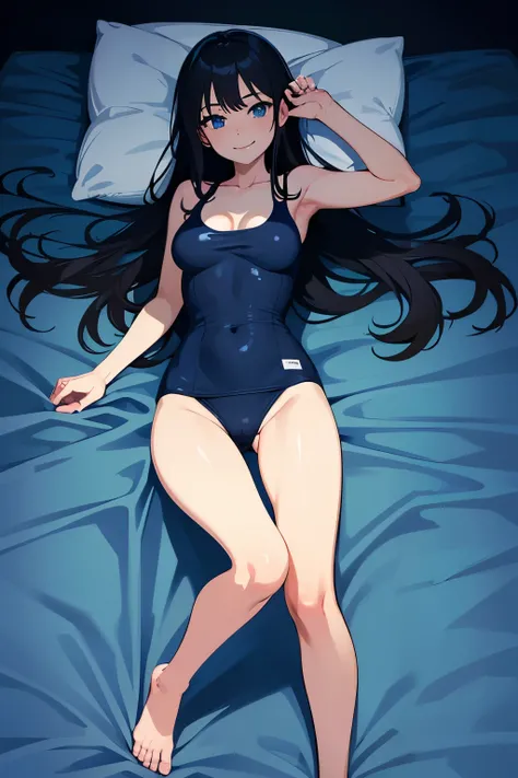 1 lying on bed adult woman, long black hair, blue eyes, medium breasts, blue one piece school swimsuit, naked feet, open smiling face, full body image