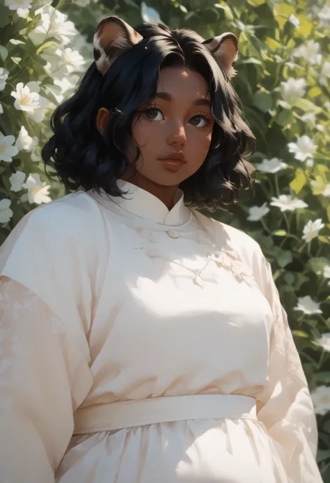 Anime illustration, semi-realistic, brown skin chubby woman with ocelot ears, dark skin, dark brown skin, demihuman, ocelot ears on head, ocelot tail, only ocelot ears, (((plus size body))), ((chubby body)), chubby face, round face, no human ears, no earri...