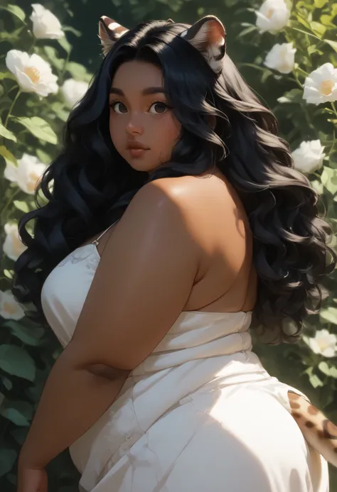 Anime illustration, semi-realistic, brown skin chubby woman with ocelot ears, dark skin, dark brown skin, demihuman, ocelot ears on head, ocelot tail, only ocelot ears, (((plus size body))), ((chubby body)), chubby face, round face, no human ears, no earri...